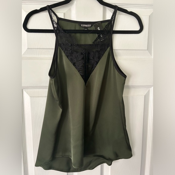 NWT Express Green Satin Sleeveless Blouse with Black Lace, Size Small - Picture 2 of 5